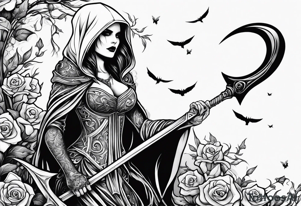 Lady grim reaper with
 scythe and skulls tattoo idea