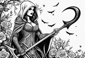 Lady grim reaper with
 scythe and skulls tattoo idea