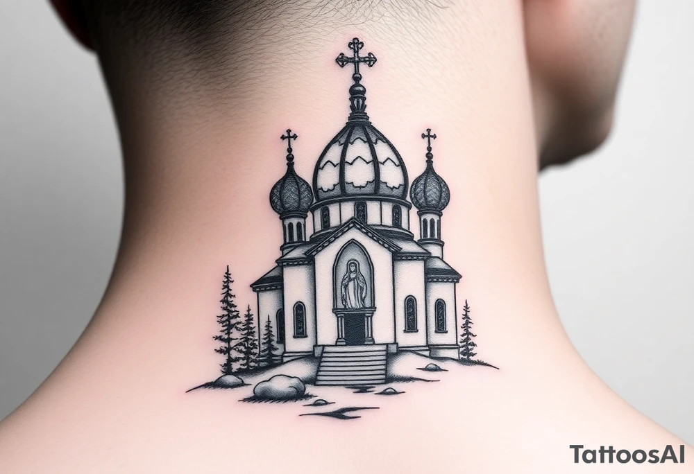 medium sized russian orthodox dome church with a visible virgin mary in a russian lakes country setting tattoo idea