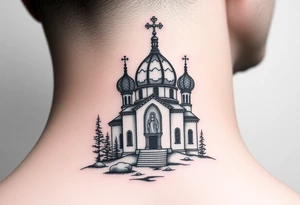 medium sized russian orthodox dome church with a visible virgin mary in a russian lakes country setting tattoo idea