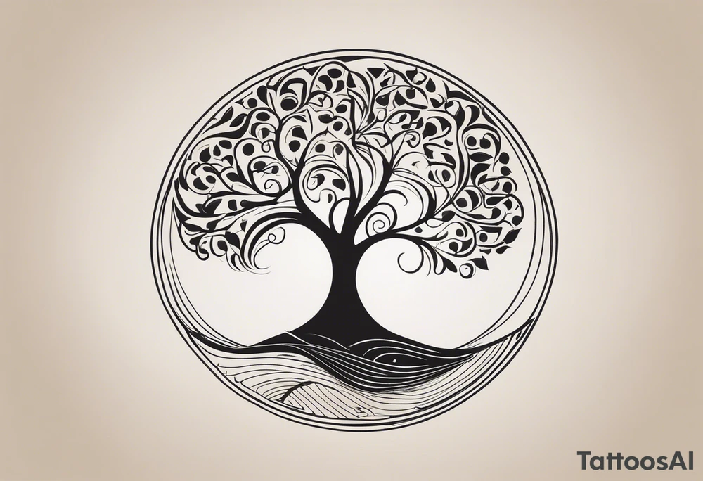 A tattoo design that incorporates the following elements: an abstract tree of life that has roots emerging  from the ground. Waves of water encapsulate the tree and wind around it in an organic way.  Incorporate music.   the letters U and A are overlapping and engraved into the tree. a golf ball incorporated but not prominent. tattoo idea