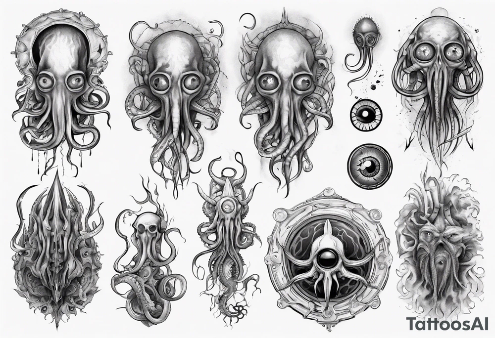 lovecraft long tattoo to put on the forearm, with eye and tentacle tattoo idea
