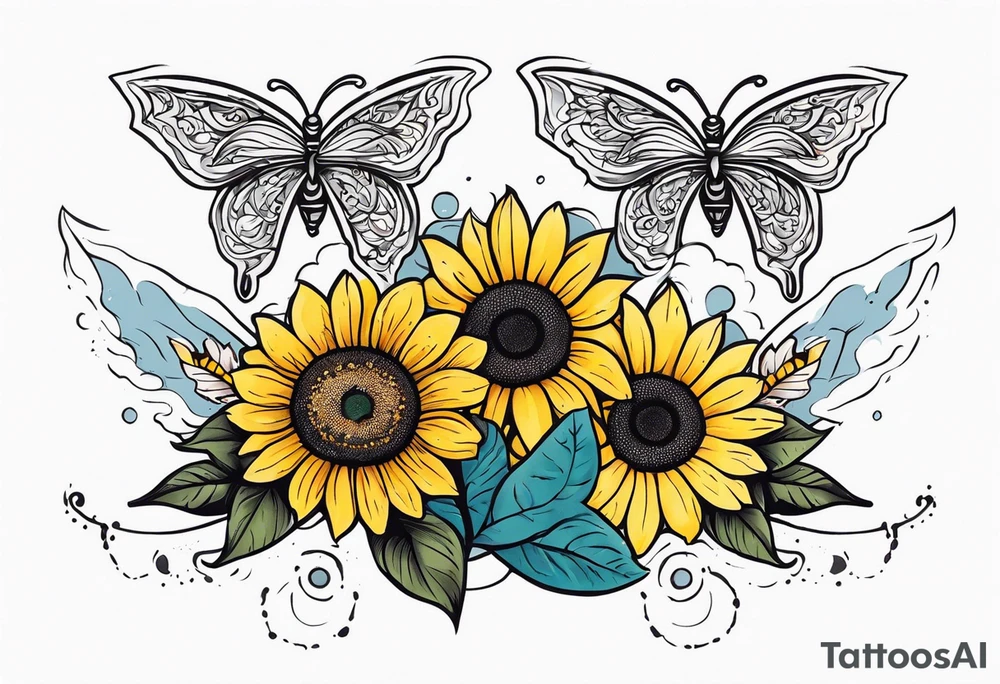 Arm sleeve with Winged cross with sunflower and butterflies tattoo idea