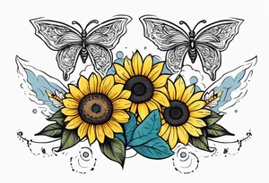 Arm sleeve with Winged cross with sunflower and butterflies tattoo idea