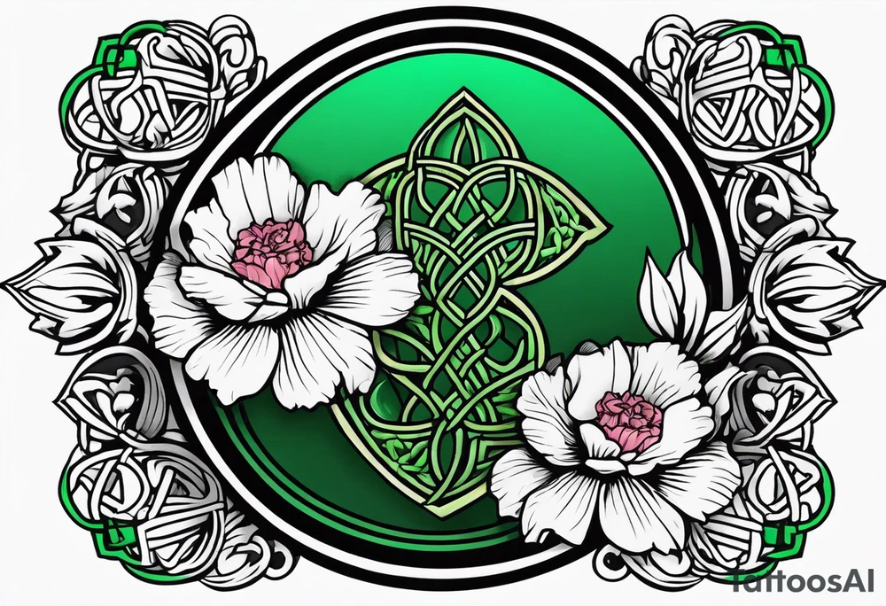 Irish Celtic symbol of love wedding ring with an Emrald green gem in the middle of the heart with a bundle of carnations, leaves, and narcissus coming out of the hands. Simple tattoo idea