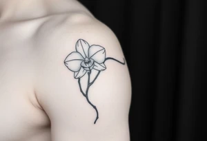 A delicate, black and white fine-line tattoo for make, featuring a gracefully detailed orchid stem with two flowers in full bloom, with soft, intricate petals and elegant curves tattoo idea