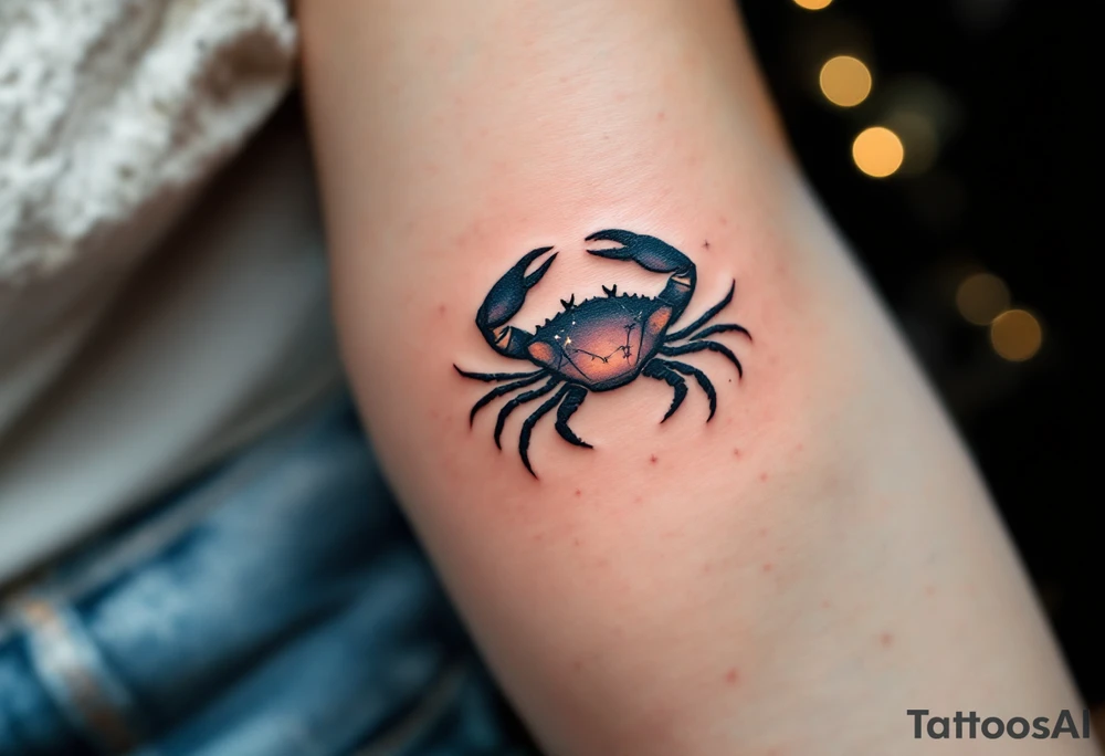 A tiny crab outlined in black anchors the Cancer star constellation traced in twinkling pastel stars. tattoo idea