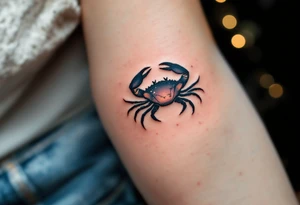 A tiny crab outlined in black anchors the Cancer star constellation traced in twinkling pastel stars. tattoo idea