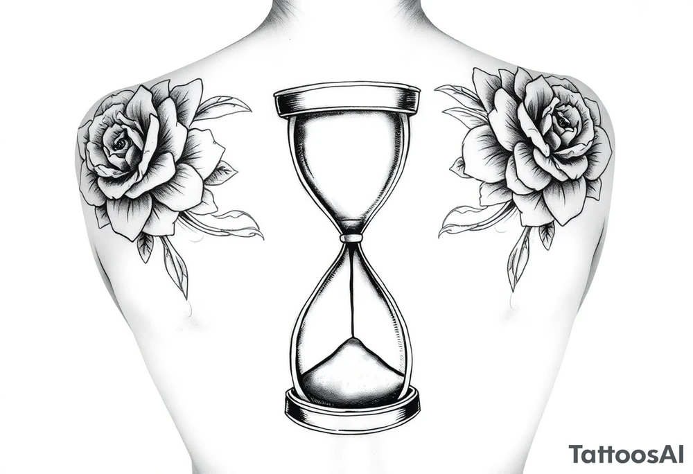 A back tattoo with soft matching florals on each shoulder. In the middle theres an hourglass with a skull on the bottom that the sand is pouring into tattoo idea