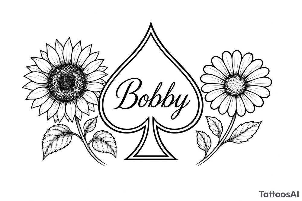 Bobby middle center inside the middle of the  with a sunflower and a daisy on each side of the spade very super extremely traceable to trace onto notebook paper, very super extremely easy and simple traceable tracing black and white outlining outline coloring pages very super extremely traceable to trace onto notebook paper tattoo idea