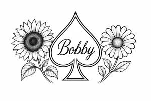 Bobby middle center inside the middle of the  with a sunflower and a daisy on each side of the spade very super extremely traceable to trace onto notebook paper, very super extremely easy and simple traceable tracing black and white outlining outline coloring pages very super extremely traceable to trace onto notebook paper tattoo idea