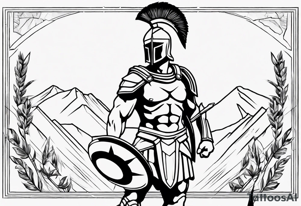 rectangular landscape format ultra-fine line linework vector of a spartan from the side, spartan spear, spartan shield, laurel wreath tattoo idea