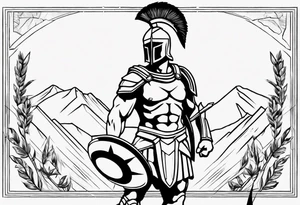 rectangular landscape format ultra-fine line linework vector of a spartan from the side, spartan spear, spartan shield, laurel wreath tattoo idea