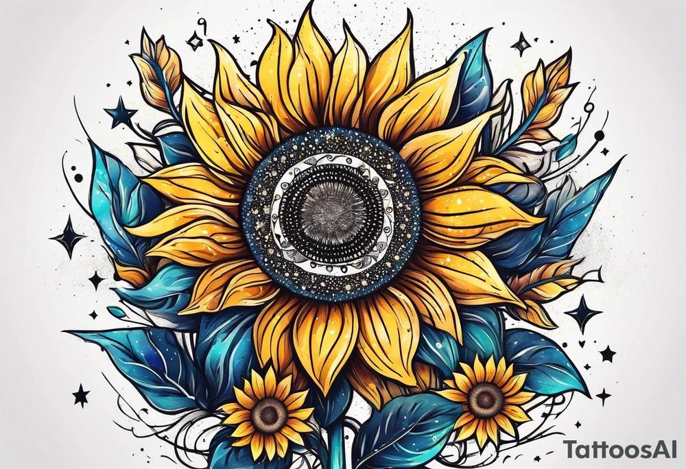 small sunflower surrounded by cosmic stars and arrow tattoo idea