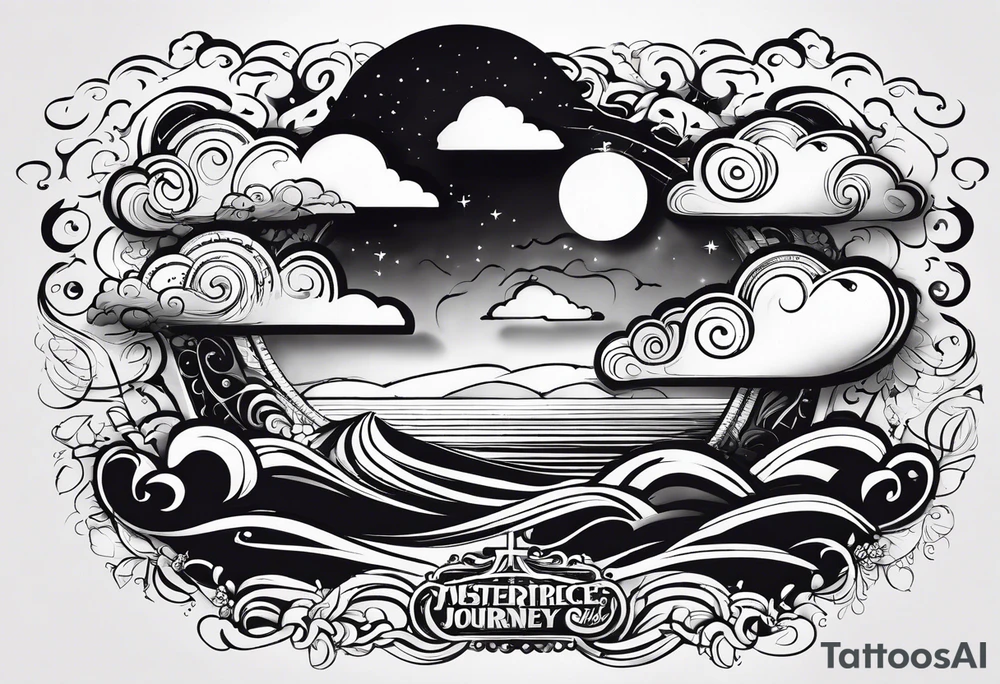 clouds with lettering of something in the bible with a face and like a journey being the face with jice eyes tattoo idea