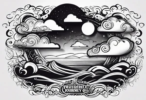 clouds with lettering of something in the bible with a face and like a journey being the face with jice eyes tattoo idea