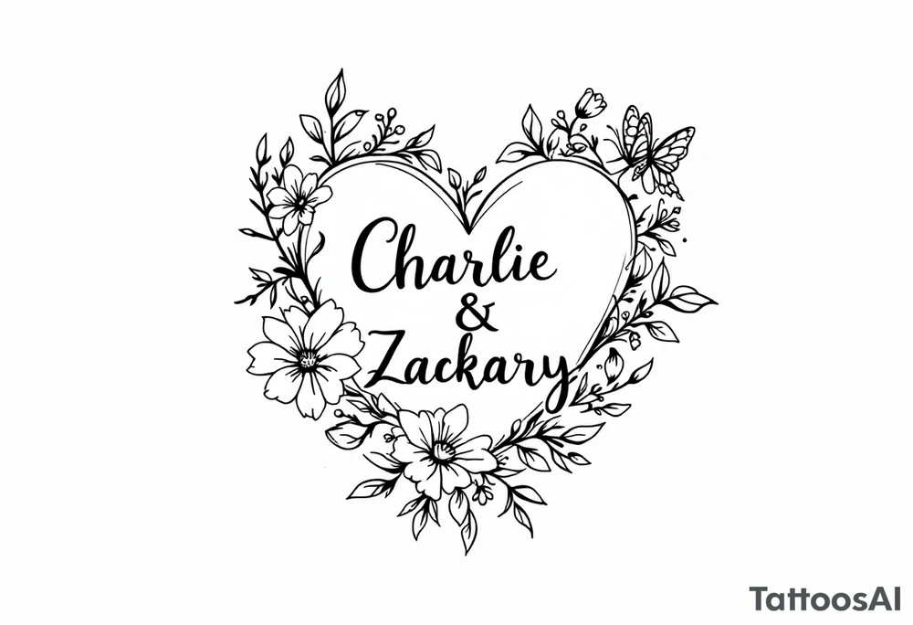 heart, flower and butterfly with name Charlie and Zackary tattoo idea