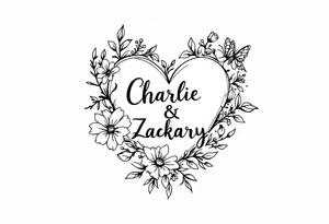 heart, flower and butterfly with name Charlie and Zackary tattoo idea