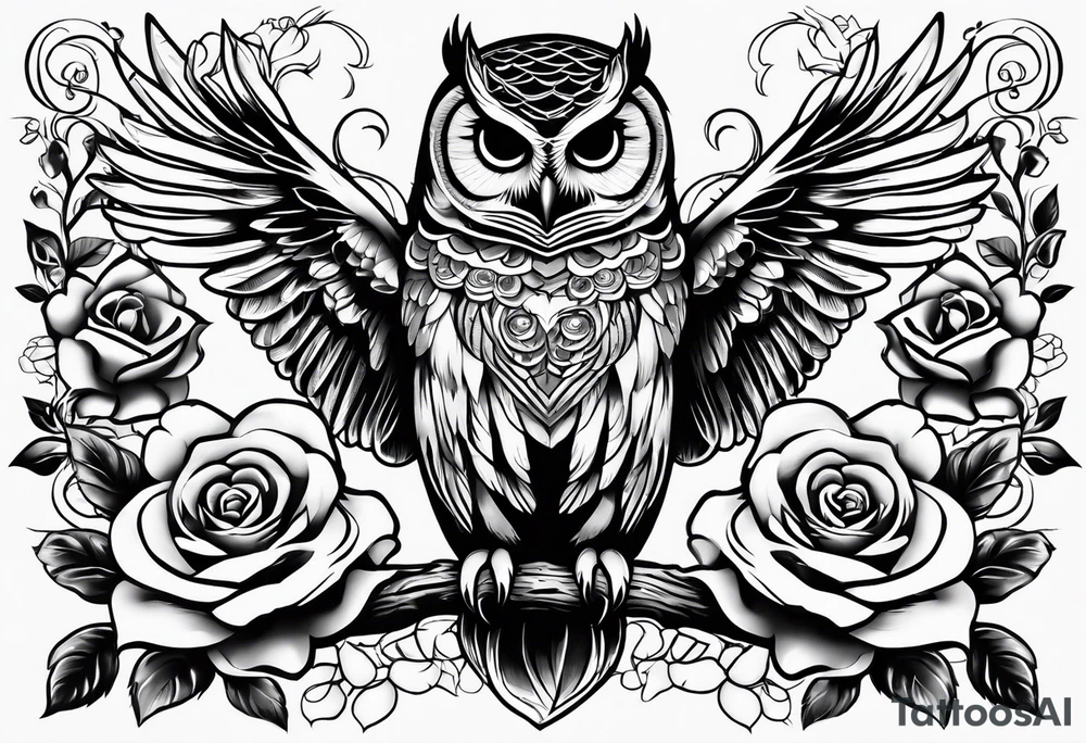 Barred owl and roses tattoo idea