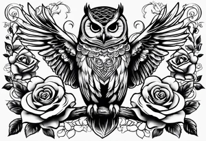 Barred owl and roses tattoo idea