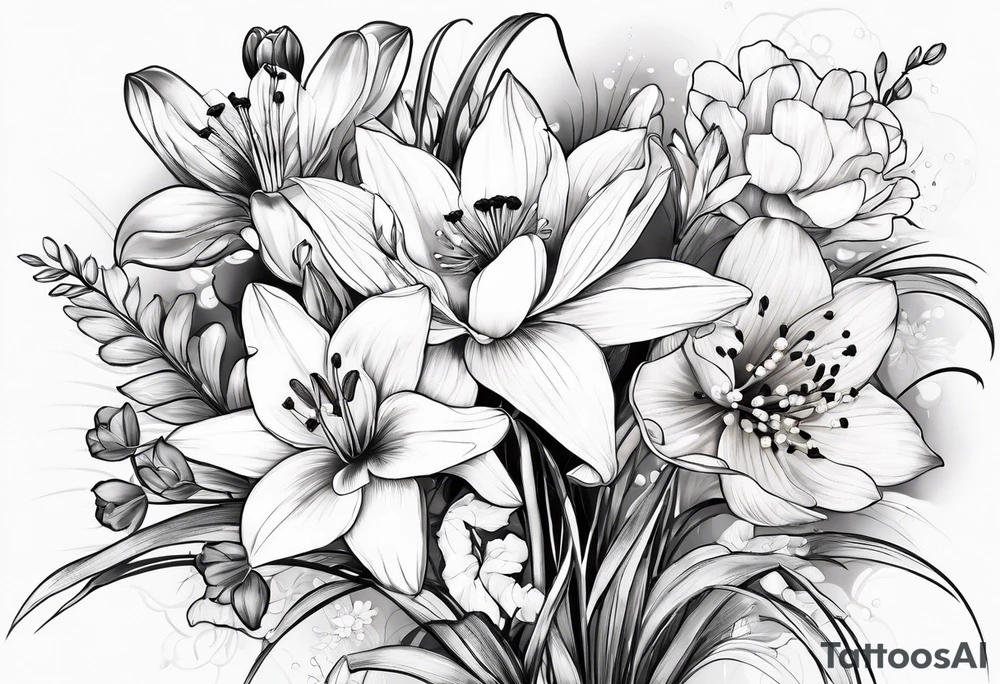 A bouquet of flowers with a water lily, gladiolus, poppy, lily of the valley, daffodil, and a honey suckle. With long stems and tied with a bow tattoo idea