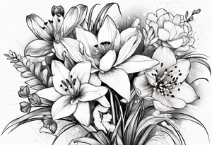 A bouquet of flowers with a water lily, gladiolus, poppy, lily of the valley, daffodil, and a honey suckle. With long stems and tied with a bow tattoo idea