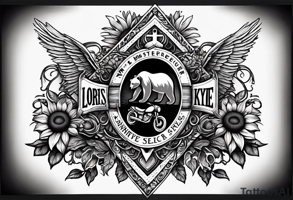 A cross with my family’s names on it names are Peter Lori Kyle and peter around Peter’s  name put a motercycle and a bear around loris name put a sunflower and a heart and around Kyle’s name put a baseball and electricity tattoo idea