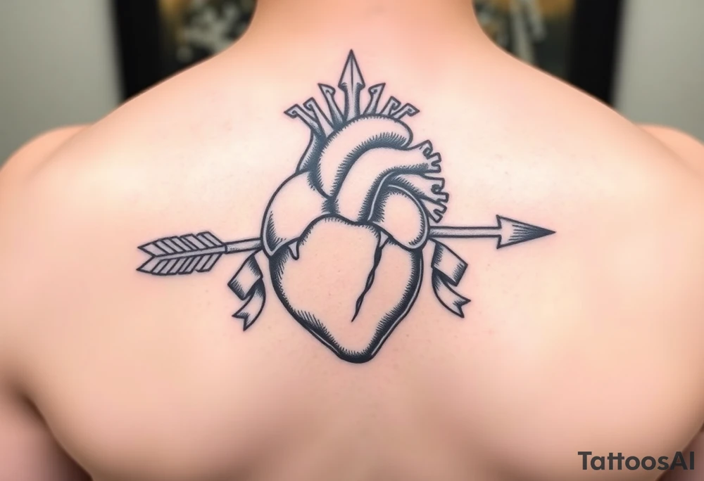anatomical heart pierced by ornate arrow with flowing ribbons tattoo idea