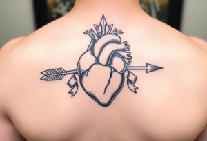 anatomical heart pierced by ornate arrow with flowing ribbons tattoo idea