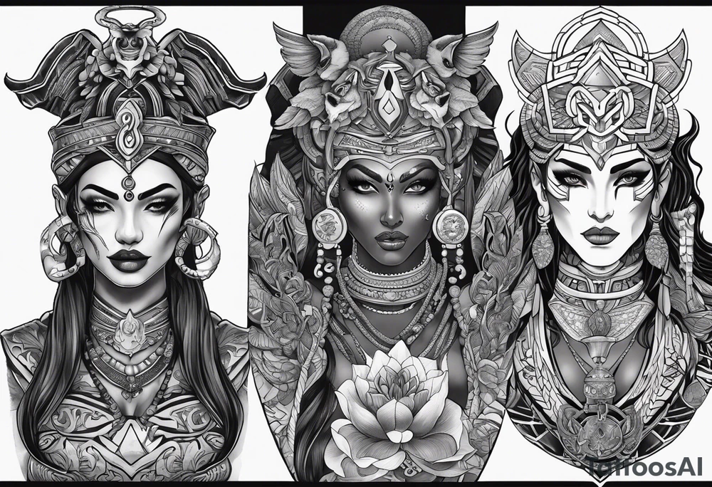 kali ma, alien goddess, valkrye, aries, pirate, divine feminine, zenza resonance, pachamama, lotus azul, blank panther, eagle, skull, 5D, nueva gaya, dna 12, left side chest tatoo tattoo idea