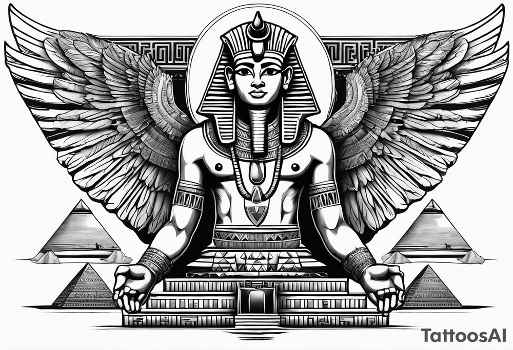 Egyptian god with wings overlooking the pyramids with a goddess face underneath tattoo idea