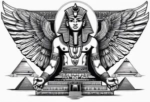 Egyptian god with wings overlooking the pyramids with a goddess face underneath tattoo idea