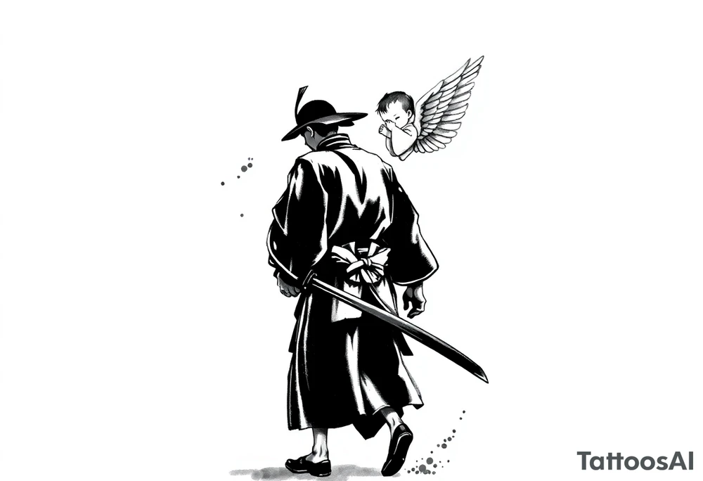 "Blackwork tattoo sketch of a lone samurai walking forward, shown in dramatic silhouette style. The samurai wears traditional kimono and hakama, holding a katana in one hand with the blade pointing downward. Behind him floats a small child angel with detailed feathered wings, gently touching the samurai’s back with one hand, as if stopping or guiding him. Strong contrast, dynamic ink splatter, rough brush strokes, Japanese sumi-e vibe, emotional and symbolic composition, high detail linework, no background." tattoo idea