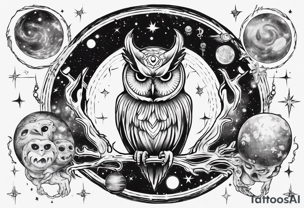Demon Owlsurrounded by cosmic astrology and planets. tattoo idea