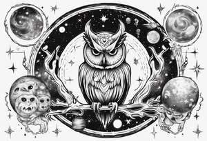 Demon Owlsurrounded by cosmic astrology and planets. tattoo idea