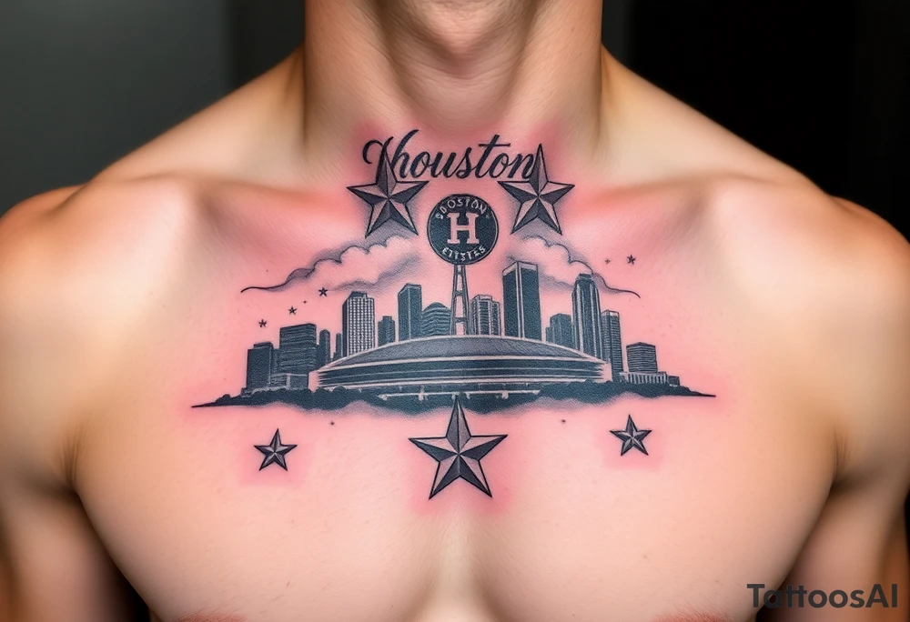 Houston texas skyline Behind houston astrodome, stars nighttime stars and clouds, Houston cursive in sky, Houston Astros star,fill in smoke stars in space, shooting astros star, shooting Houston rockets, money tattoo idea