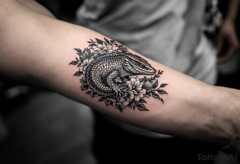 powerful big reptile, surrounded by floral ornaments tattoo idea