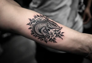 powerful big reptile, surrounded by floral ornaments tattoo idea
