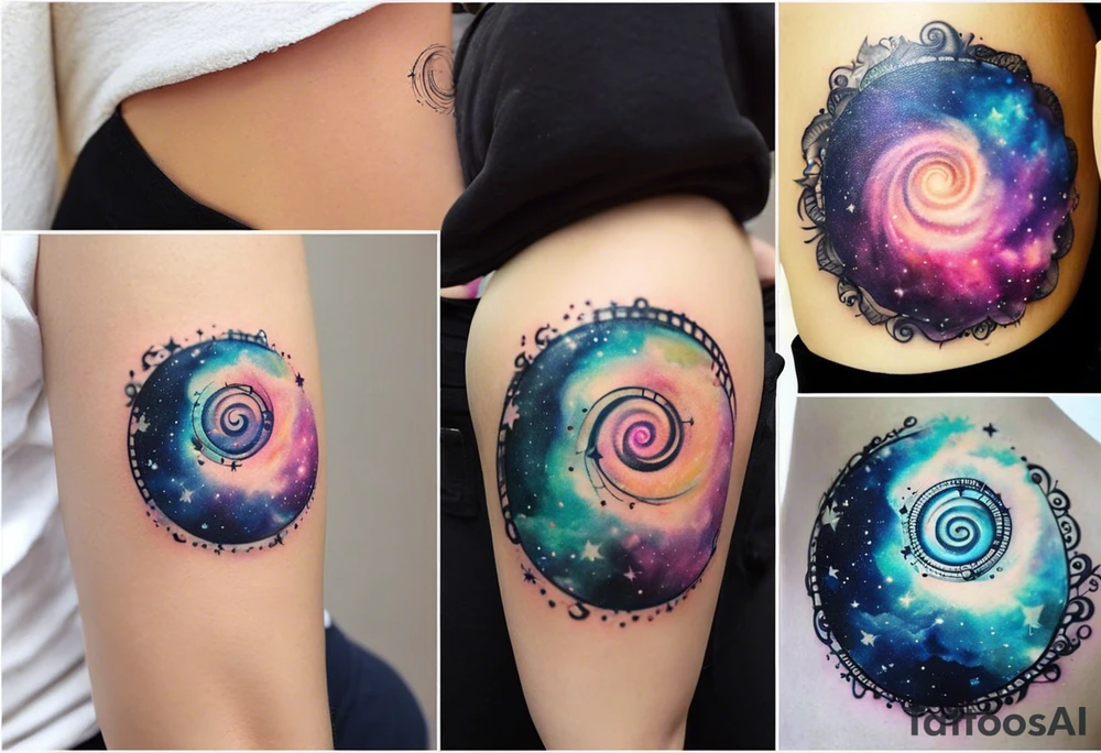 I want a spiral nebula space galaxy tattoo that's colorful and bright and cute and is nice to look at I don't want a traditional circle I want it like the ones thay look like an s shape and this tattoo will be on my left buttcheek and light colors I want more spread and less circle tattoo idea