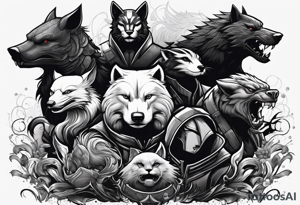 a super hero team which is combination of animals.
One is Badger/Wolverine One is Bull One is Wolf One is Axolotl One is Canary One is Lizard One is Cat tattoo idea