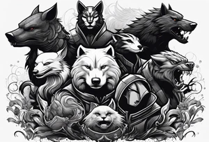 a super hero team which is combination of animals.
One is Badger/Wolverine One is Bull One is Wolf One is Axolotl One is Canary One is Lizard One is Cat tattoo idea