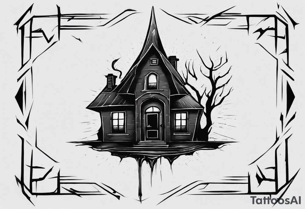 "Create a tattoo design featuring a small house with a sinister, pointy roof, enveloped in a dark atmosphere. Include a black demonic figure lifting the roof, peering out into the surroundings with an ominous presence." tattoo idea