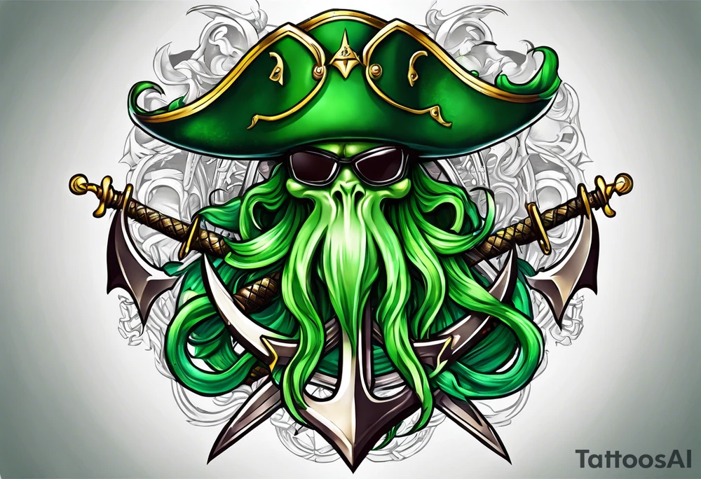 green pirate squid holding sword and anchor tattoo idea