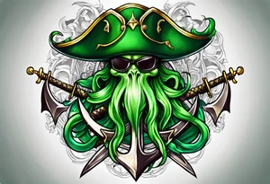green pirate squid holding sword and anchor tattoo idea