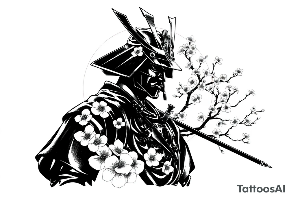 noble samurai warrior silhouette at sunset with cherry blossoms tattoo idea