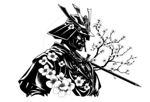 noble samurai warrior silhouette at sunset with cherry blossoms tattoo idea