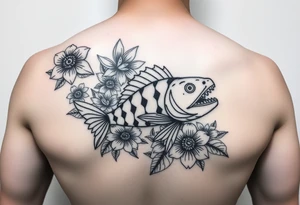Tiki, Blumen, Wellen, Tintenfisch kein Fisch, Schildkröte, #299 (Klein), schwarz, old school, Oberarm tattoo idea