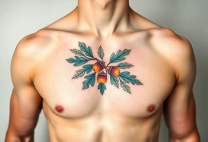 on the chest an oak branch with thick leaves and acorns oak branch with thick leaves and acorns tattoo idea
