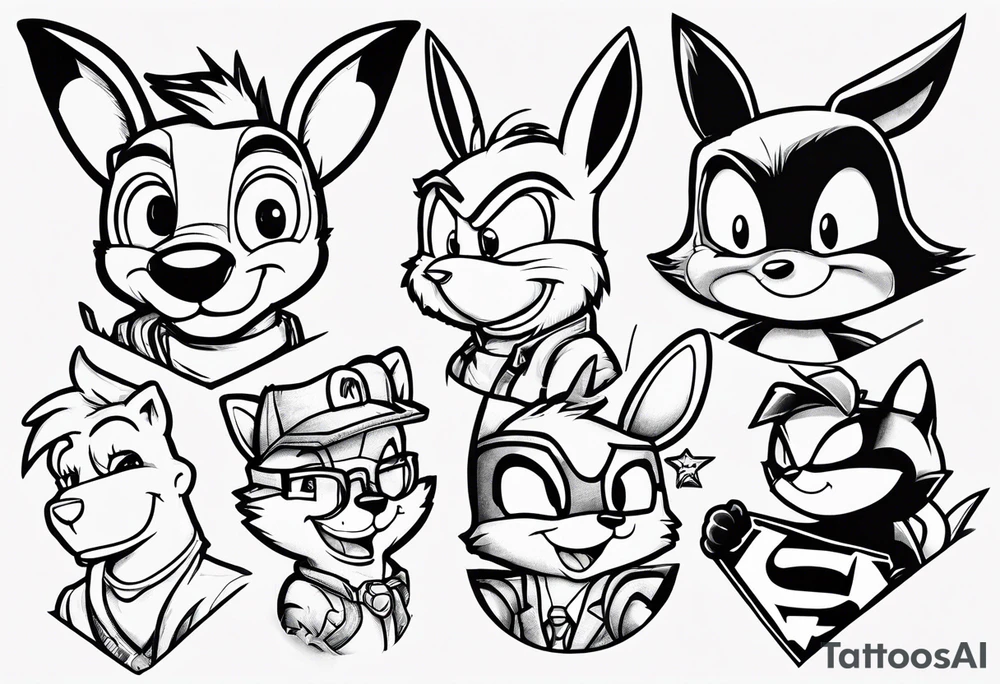 draw a sketch of a calf tattoo with cartoon characters from the 90s: Bart Simson, well, wait, Jerry, Kenny Souzpark, Bugs Bunny, Chip and Dale, spider-Man, Batman, Pikachu, Bender from futurama, Stu Griffins in the style of jealousy tattoo idea