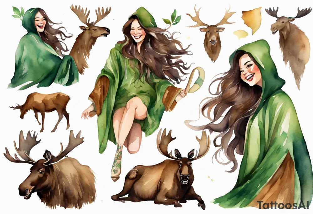 a watercolor of a curvy woman with long brown hair and brown skin and green eyes wearing a fur cloak laughing riding a moose tattoo idea